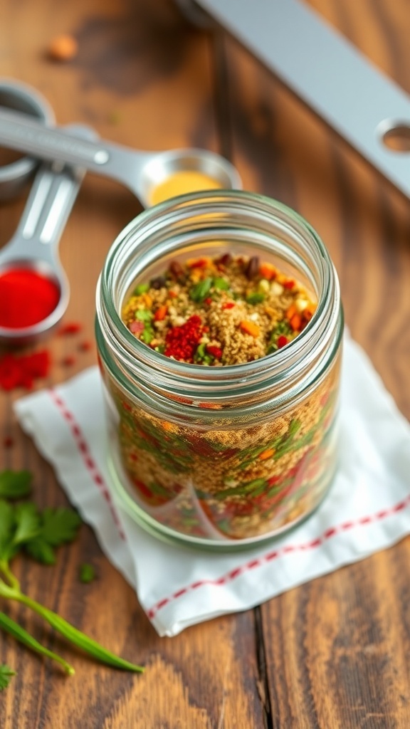 A jar of homemade 21 seasoning salute blend with measuring spoons and scattered spices on a wooden table.